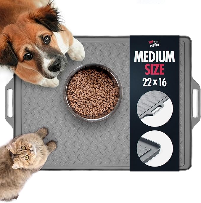 Tuff Pupper 22x16 Medium Dog Feeding Mat for Food and Water | Dog Food Mats for Floors | Waterproof Dogs Water Bowl Mats | Dogs Placemats Pet Food-Mat | Silicone Feeding Mat for Cats and Cat Bowls by TuffPupper