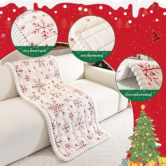 VClife Fuzzy Anti-Slip Dog Couch Cover for Christmas, Creamy, 27.6 x 59.1 | Soft Thick Couch Covers for 2 Cushion Couch Sofa Pet Friendly, Scratch Resistant Sofa Cover Washable Dog Furniture Protector - Image 4