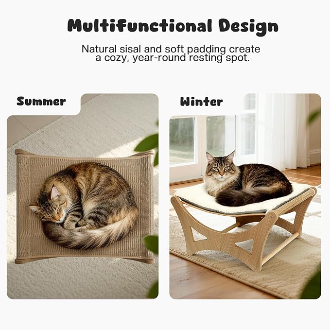 Cat Hammock Bed, Wooden Elevated Cat Beds with Natural Sisal Scratching Mat, Cats Scratcher Bed with Removable Soft Cushion, Cats Scratching Beds with Wood Frames, 22" L x 17.7" W - Image 3