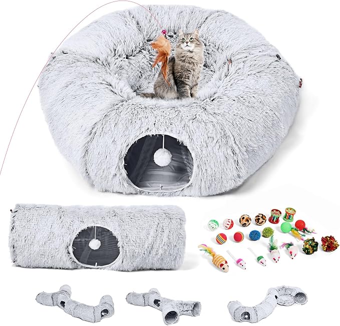 Cat Tunnels Bed with 1 Straight Tunnel and 20 Pet Toys - 5 Shapes DIY Indoor Cats Cave - Detachable Soft Cat Donut for Kitten Puppy Rabbit Ferret by Odoland