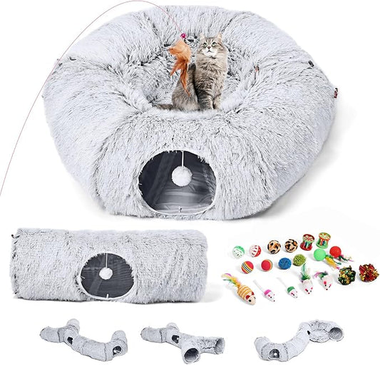 Cat Tunnels Bed with 1 Straight Tunnel and 20 Pet Toys - 5 Shapes DIY Indoor Cats Cave - Detachable Soft Cat Donut for Kitten Puppy Rabbit Ferret by Odoland