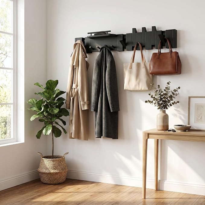 Mid Century Modern Wood Coat Rack Wall Mount with Shelf, 9 Hooks, Black | Wood and metal wall rack with fold-down piano-key hooks and display shelf organizes coats, bags, keys and decor up to 25 lb. - Image 2