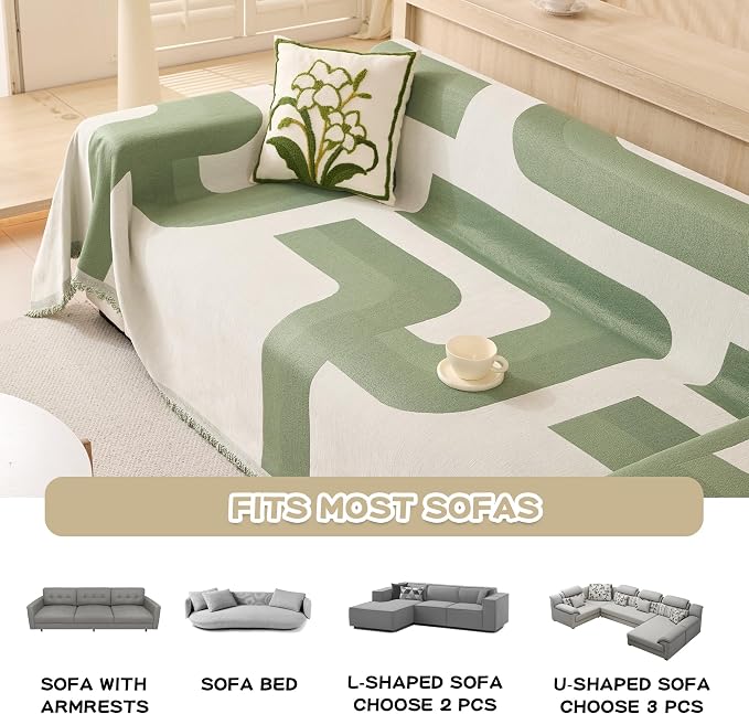 MEETSKY Couch Covers for 3 Cushion Couch Pet Friendly, Washable Modern Jacquard Sofa Slipcover L Shape Sofa Protector for 3 Sets Couch Sofa, Chenille Couch Cover for Dogs, 91" x 150", Sage Geometry - Image 3