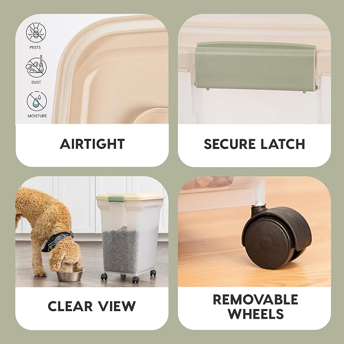 IRIS USA Dog Food Storage Container 58 lbs, Attachable Wheels, for Dog Cat Birds and other Pets, Food Storage Bin, Keep Fresh, Easy Mobility, BPA Free - Made in the USA, Almond/Clear - Image 4