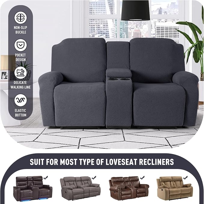 KinCam Loveseat Recliner Covers with Middle Console Slipcover, Charcoal Gray - Image 4