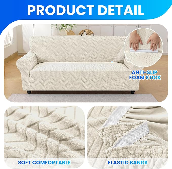 Stretch Sofa Cover Non-Slip Washable Furniture Protector | Stretch, 71"-91".Soft, Non Skid Foam, Elastic Bottom, Machine Washable, for Kids & Pets, Couch & Sofa, Beige White - Image 5