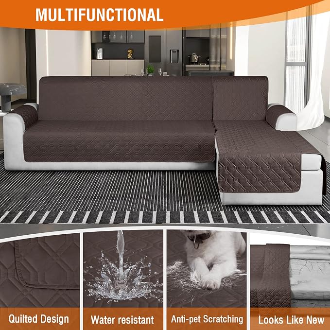 VANSOFY Sectional Couch Covers 100% Waterproof L Shaped Sofa Slipcover 3pcs Reversible Chaise Lounge Cover for Sectional Sofa Furniture Protector Cover for Pets Cat Dog(X-Large, Chocolate) - Image 5