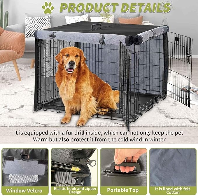 Dog Crate Cover 1200D Heavy Duty Polyester Built-in Anti-freezing Felt | for 48 inch Wire Dog Cage Winter Indoor Outdoor Protection,Waterproof Frostproof Large Dog Kennel Covers - Only cover (Black) - Image 4