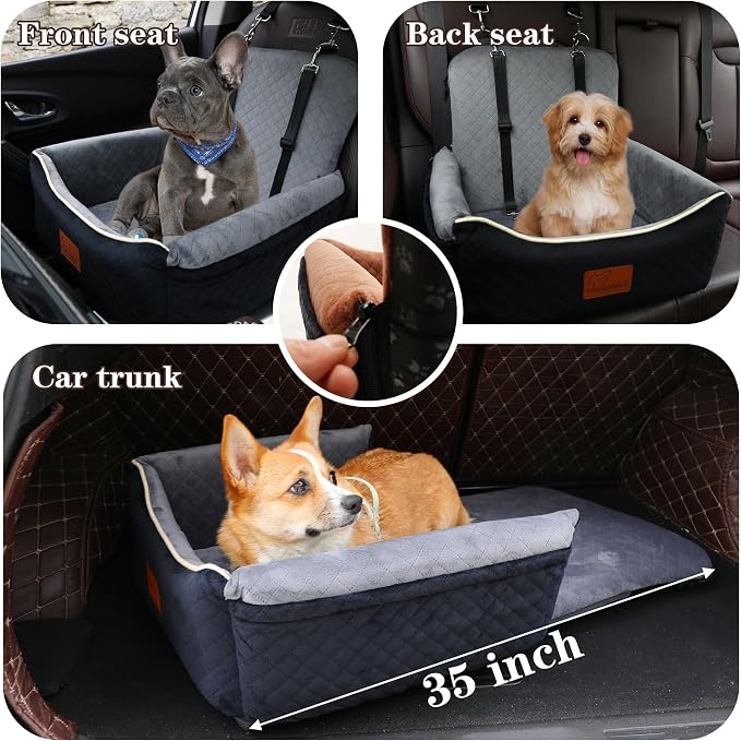Dog Car Seat Bed 2 in 1 for Small/Medium Dogs up to 35 lbs,Adjustable Safety Leashes,Memory Foam with Soft Fabric Pets Travel Car Bed,Easily Installed in Front and Back seat,Removable and Washable. - Image 7