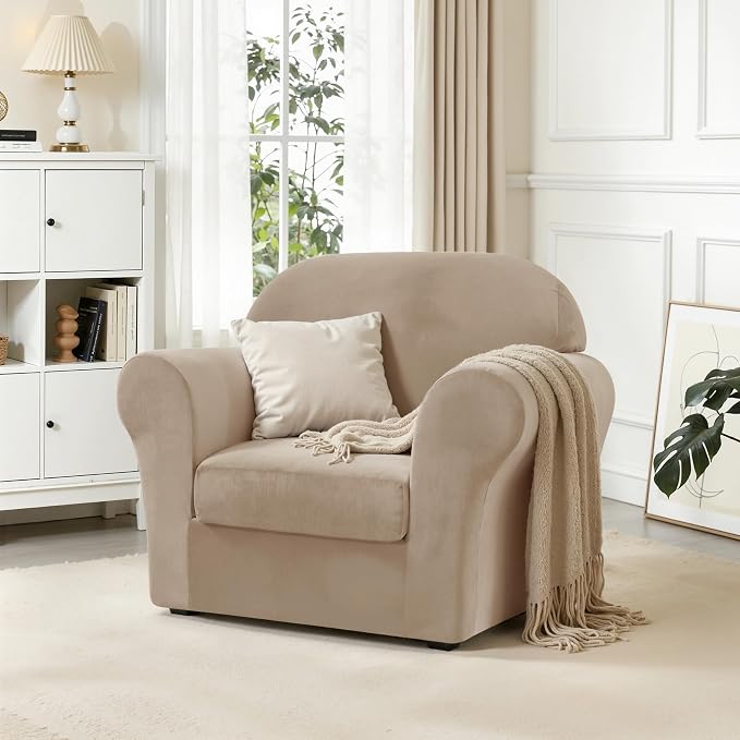 CHUN YI 2 Piece Velvet Armchair Cover Couch Covers 1 Cushion, Water Resistant Chair Slipcover with Arms, Non Slip High Stretch Thick Furniture Protector for Dogs Pets, Small, Camel - Image 3