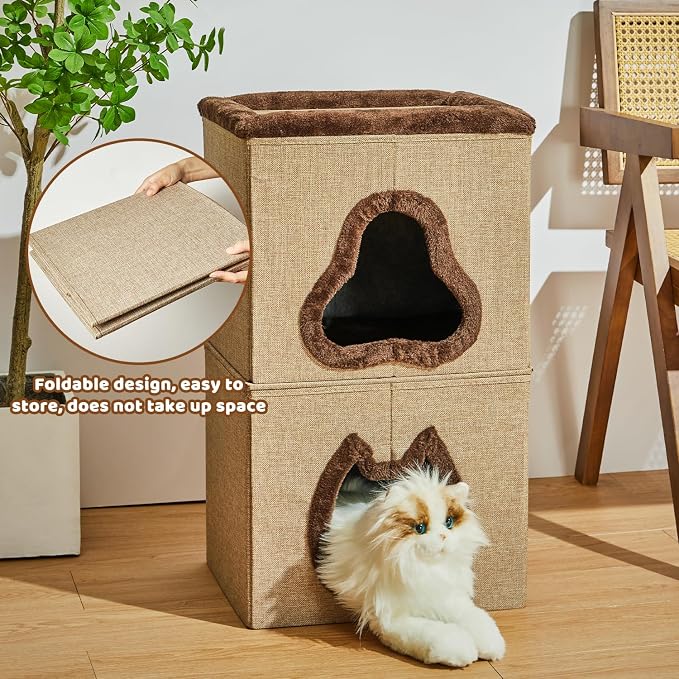 2-Tier Cat House for Indoor Cats Bed, Covered Cat Beds with Hideaway Cave and Scratch Pad, Foldable Modern Cat House for Multi Small Pet Large Kitten Kitty - Image 4