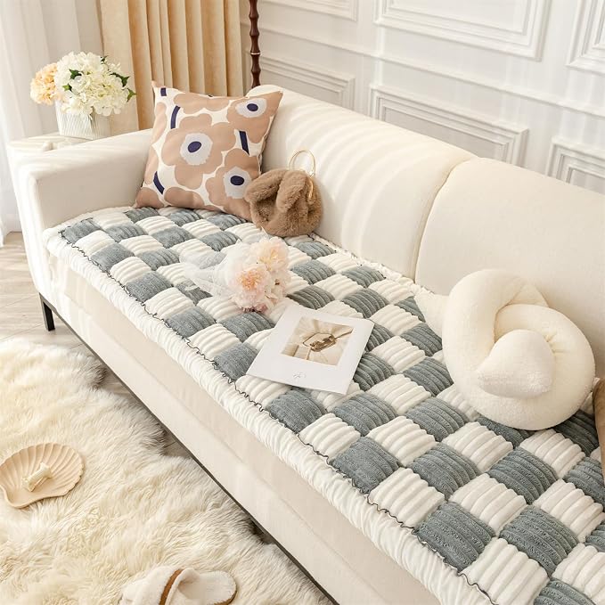 Fuzzy Couch Cover for Dog, Modern White Grey Checkered Couch Cushion Cover | Non Slip Couch Cover for 2 Cushion Couch Sofa Pet Friendly, Washable Sofa Cover Durable Anti-pilling Furniture Protector by VCLIFE