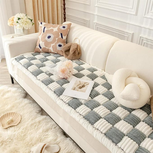 Fuzzy Couch Cover for Dog, Modern White Grey Checkered Couch Cushion Cover | Non Slip Couch Cover for 2 Cushion Couch Sofa Pet Friendly, Washable Sofa Cover Durable Anti-pilling Furniture Protector by VCLIFE
