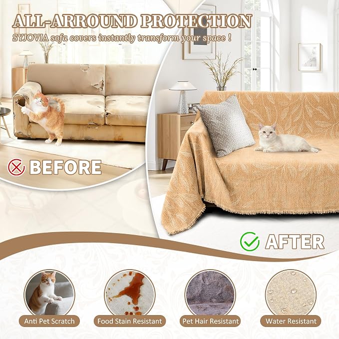 1OO% Waterproof Sectional Couch Covers for Dogs L Shaped Corner Sofa Cover Washable Chenille Sofa Slipcovers Blanket Modern Jacquard Pet Furniture Protector (91"x252", Light Tan) - Image 5