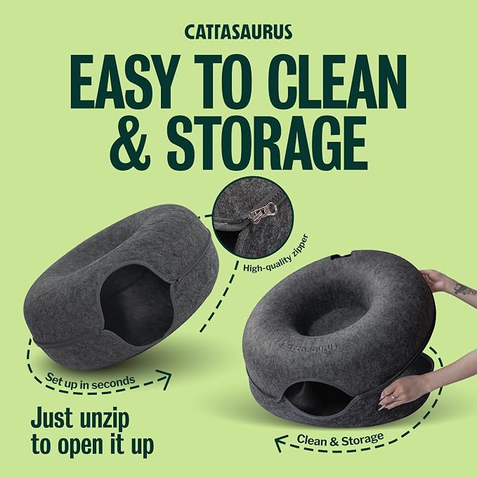 Cattasaurus Peekaboo Cat Cave Donut for Multiple & Large Cats up to 30-45 lbs, 3-in-1 Self Warming Cat Bed, Tunnel & Scratcher for Indoor Cats, Washable & Detachable Small Dog Bed (Dark Gray, Jumbo) - Image 7