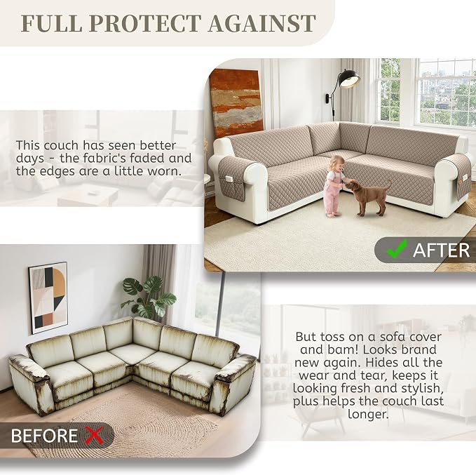 Sectional Couch Covers for Dogs 100% Waterproof Corner L Shaped Sofa Cover Pet Friendly Velvet Washable Anti Slip L Shape Modular Sofa Slipcover Protector with Pockets (Khaki, Small) - Image 7