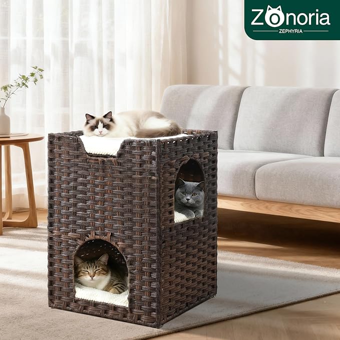 Cat Bed for Indoor Cats, a Stylish Cat Hideaway & Cat House - Handwoven Rattan Cat Cave Bed with Soft Cushion, Foldable Cat Cubes for Indoor Cats, Sturdy Cat Perch & Furniture Coffee Brown - Image 2