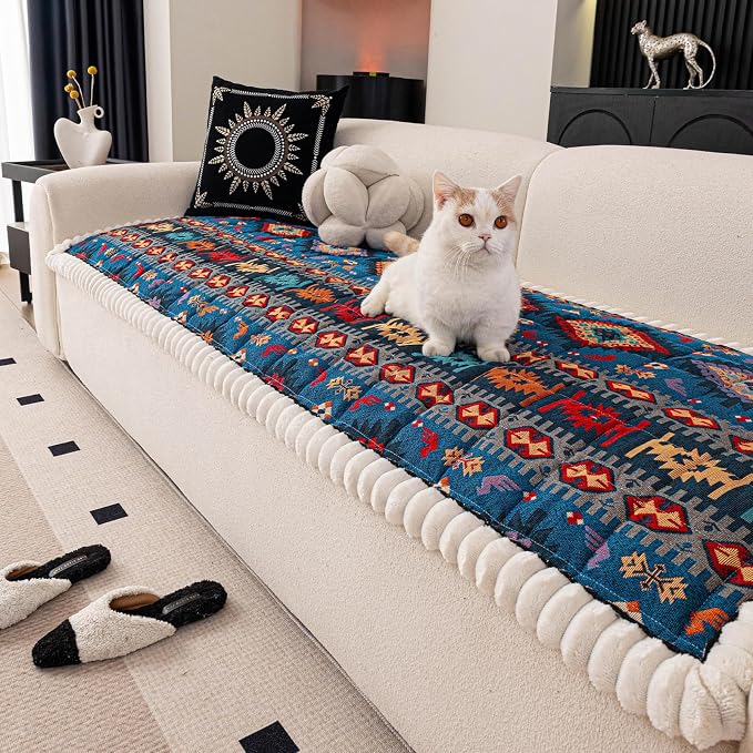 STACYPIK Blue Bohemian Jacquard Couch Cover for Pets, Thick Non Slip Sofa Cover for Loveseat, Washable Dog Furniture Protector for 3 Cuhsion Couch, L Shape Couch Cushion Cover Pets Mat Bed-27.6X70.9IN by STACYPIK