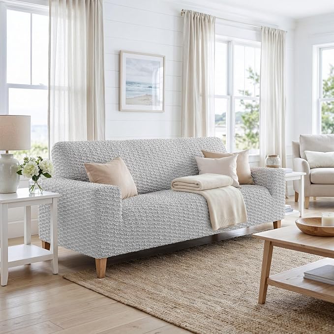 PAULTO BY GA.I.CO. Stretch Sofa Slipcovers – Soft Elastic Fabric Couch Cover for Armchair Loveseat 3-Seater & 4-Seater Sofa Cover – Non-Slip Furniture Protector Washable - Light Grey (64"-85" Wide) - Image 2