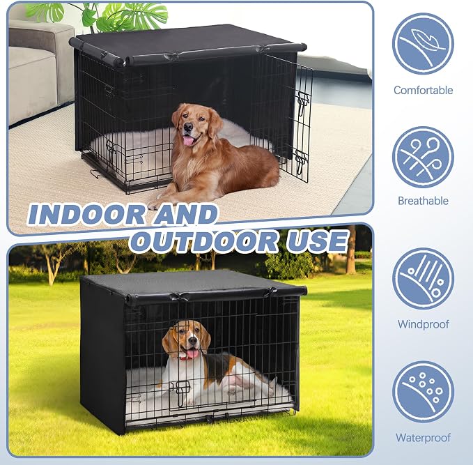 Akinerri Dog Crate Cover - Double Door Waterproof Pet Kennel Cover, Durable 600D Polyester Protective Cage Cover for 24/30/36/42/48 Inch Dog Crate - Black - Image 5