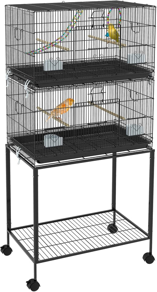 PawHut Double Stackable Bird Cage with Stand for Canaries, Lovebirds | Wooden Swing, Rope Ladder & Wheels, Budgie Cage, Storage Shelf, Removable Tray, Wooden Perches & Food Containers, Finches by PawHut