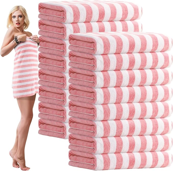 SmoothNovelty 16 Pack Microfiber Bath Towels Bulk 27'' x 60'' Oversized Size Bath Towel Highly Absorbent Extra Large Soft Drying for Beach Shower Summer Salon Sport Gym Party (Stripes,Pink) by SmoothNovelty
