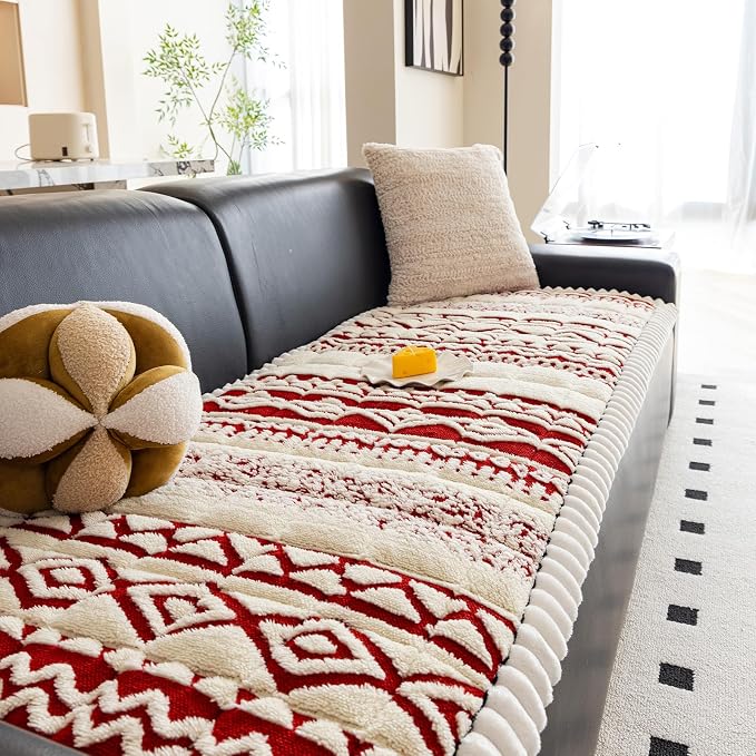 VClife Boho Couch Cover, Soft Fuzzy Couch Covers for Dog, Non-Slip Furniture Protector, Washable Durable Sofa Covers for Couch/Bench, Tribal White Red Geometric Slipcover, 27.6" x 59.1" by VCLIFE