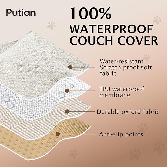 PuTian Waterproof Couch Cover for Dogs, Slip Straps, 36"X63", Off White | Washable Sofa Cover，Pet Friendly Couch Protector & Dog Mat, Waterproof Furniture Guard for Sofas, Loveseats & Sectionals - Image 3