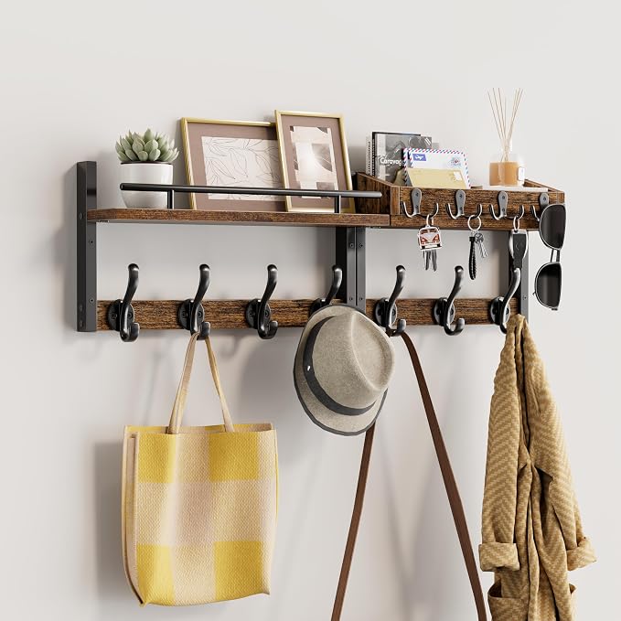 29 inch Coat Rack Wall Mount with Shelf, Entryway Wall Shelf with Hooks, Heavy Duty Coat Hanger Wall Mount with Key Holders and Mail Organizer for Living Room, Bedroom, Black & Brown by Segtenant