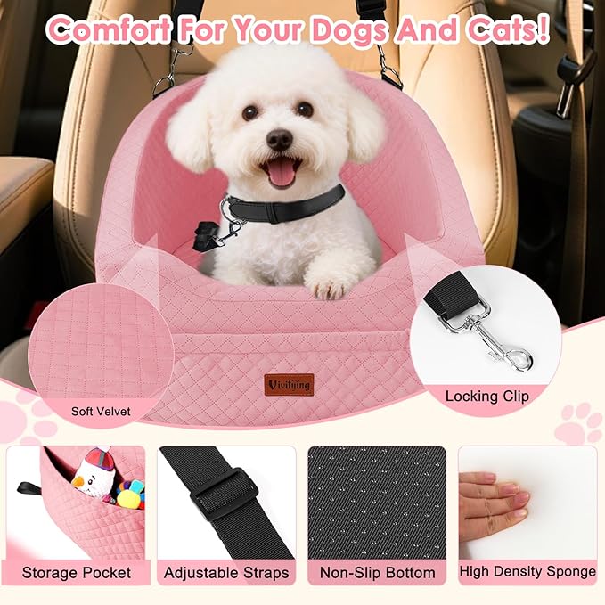 Vivifying Dog Car Seat for Small & Medium Dogs, Detachable & Washable Booster Seat for Pets Up to 30lbs, Travel Bed with Storage Pockets and Safety Belt – Pink