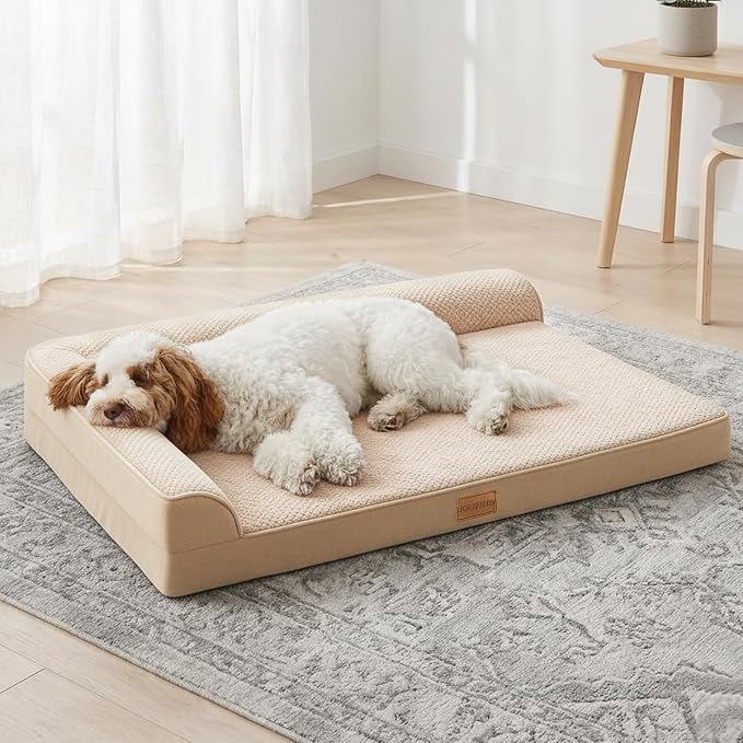 Orthopedic XL Dog Bed Large Sized Dog 48''X30'', Waterproof L Bolster Extra Large Egg Crate Foam Pet Crate Beds with Washable Removable Cover, Non-Slip Soft Pet Couch Mat, Ivory by Unknown