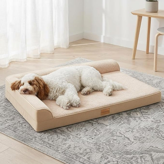 Orthopedic XL Dog Bed Large Sized Dog 48''X30'', Waterproof L Bolster Extra Large Egg Crate Foam Pet Crate Beds with Washable Removable Cover, Non-Slip Soft Pet Couch Mat, Ivory by Unknown