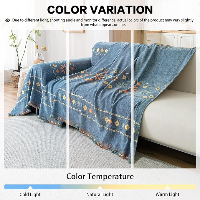 DREAMINGO Couch Cover Chenille Boho Sofa Covers for Dog Reversible Geometric Couch Throw Cover Sectional Couch Covers for 3 Cushion Couch L Shaped Sofa Cover Blue Furniture Protector, 71"x134" - Image 5