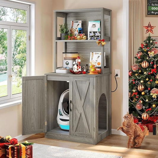 DWVO Large Hidden Litter Box Furniture with Shelves and Charging Station | Wooden Enclosure for Self-Cleaning Litter Boxes, Grey by DWVO