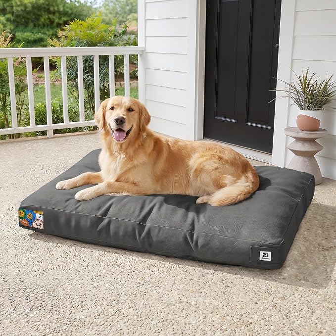 Sytopia 42 Inch Indestructible Canvas Outdoor Durable Dog Bed for Extra Large Dogs, Chew Proof Shredded Chopped Foam Patio Pet Pad for Crate with Waterproof Machine Washable Removable Cover, Dark Grey by Sytopia