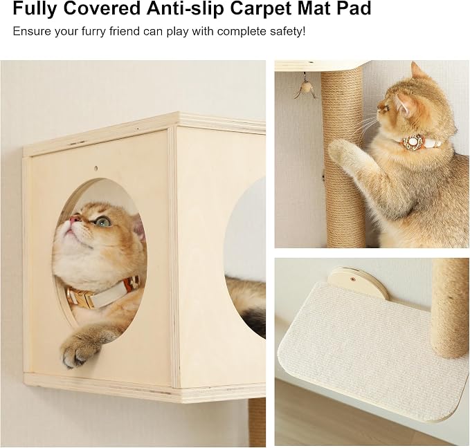 FUKUMARU Cat Wall Shelves, 5 in 1 Set, Beige | Stable Wooden Wall-Mounted Furniture Set, Kitty Climber with Hammock, House, Steps, Scratching Post - Image 4
