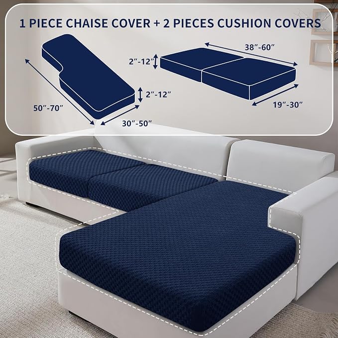 YEMYHOM Couch Cushion Covers for Sofa, Stretch Sectional Couch Seat Cushion Covers Washable Thick Furniture Protector Sofa Slipcovers for Pets (2 Seater + 1 Chaise, Navy) - Image 2