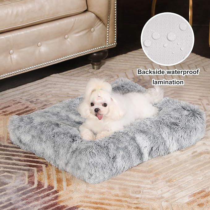 Bedfolks Waterproof Crate Bed, Plush Dog & Cat Bed with Removable Washable Cover, Faux Fur Kennel Pad, 23"x18", Dark Grey - Image 2