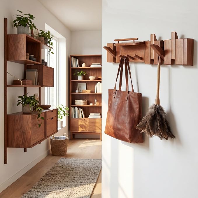 Mid Century Modern Wood Coat Rack Wall Mount with Shelf, 7 Hooks, Walnut | Wood and metal wall rack with fold-down piano-key hooks and display shelf organizes coats, bags, keys and decor up to 25 lb. - Image 2