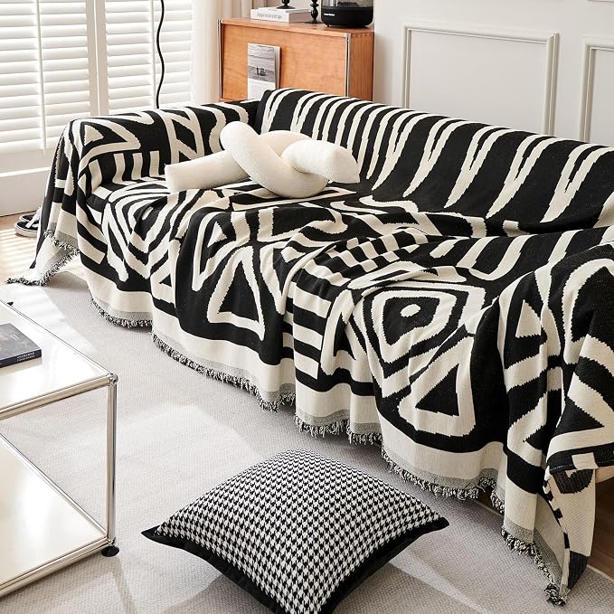 71" x 118" Chenille Couch Cover with Black Geometry Pattern for Sectional Sofa Loveseat Futon L Shaped Cover Reversible Sofa Slipcover Non Slip Sofa Cover Pet Cat Protector Washable - Image 4