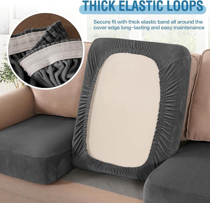 H.VERSAILTEX Velvet Stretch Couch Cushion Cover Plush Cushion Slipcover for Chair Loveseat Sofa Cushion Furniture Protector Seat Cushion Sofa Cover (3 Piece XL Sofa Cushion Covers, Grey Striped) - Image 6