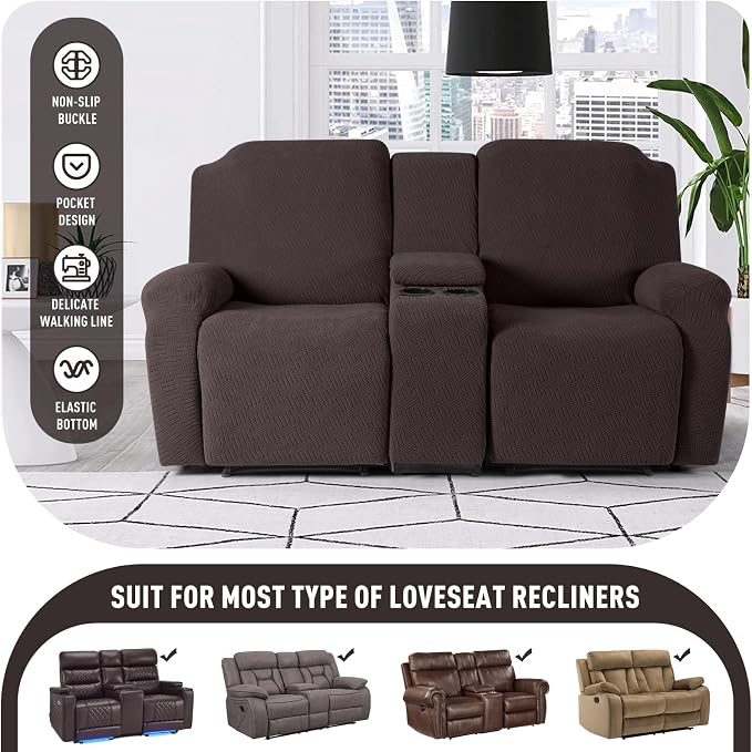 KinCam Loveseat Recliner Covers with Middle Console Slipcover, Chocolate | Stretch Recliner Sofa Covers for 2 Seat Couch Cover, Jacquard Furniture Protector Covers with Elastic Bottom for Kids, Pets - Image 4