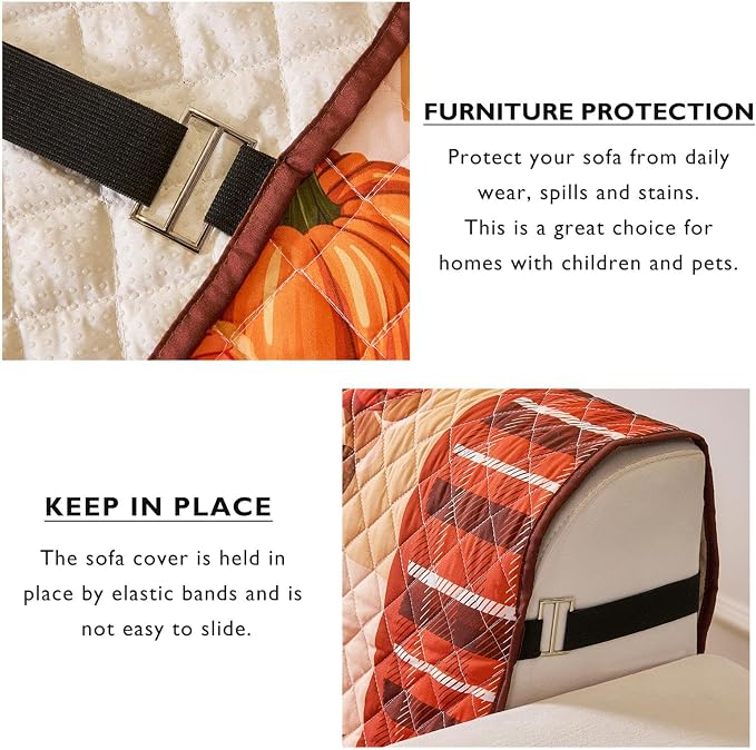 Cmfshape Thanksgiving Sofa Slipcover-Orange Checkered with Pumpkin,Pet Friendly Couch Covers for 3 Cushion Sofa,Washable Sofa Protector for Holiday,Anti-Slip with Elastic Band - Image 6