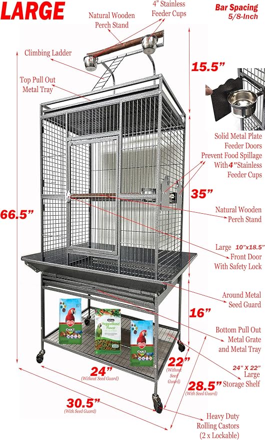 Large Elegant and Durable Wrought Iron Play Ground Perch Stand Top Climbing Ladder Bird Parrot Rolling Metal Cage with Around Seed Guard Storage Shelf On Heavy Duty Lockable Rolling Wheels - Image 2
