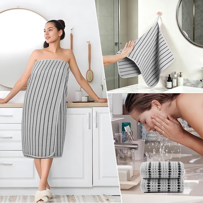 POLYTE 430 GSM Microfiber Quick Dry Lint Free Oversize Bath Towel Set, 6 Piece (Waffle Weave) - Image 5