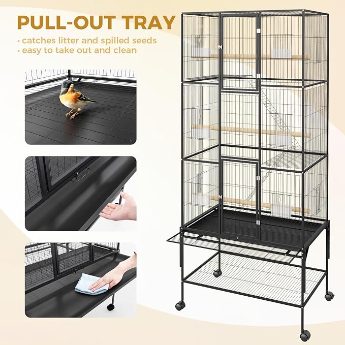 69" H Large Bird Cage, Bird Cage with 3-Tier Platforms, Ladders, Perches, Feeder, Wide Birdcage for Parakeets, Conures, Lovebirds, Quaker, Cockatiels, Budgie, Black - Image 6