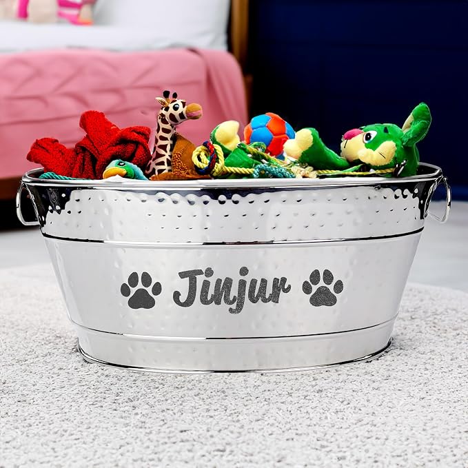 BREKX Personalized Metal Dog Toy Bin - Copper Galvanized Storage Bin with Handles, Basket for Pet Toys, Dog Toy Box, Pet Storage - Custom Dog Name Gift (Medium - Silver) - Image 2