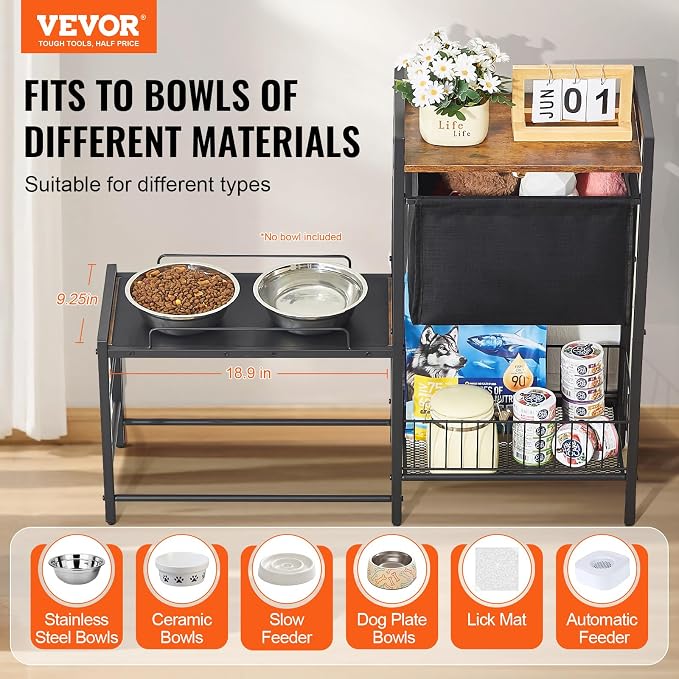 VEVOR Pet Feeding Station with Storage, 4 Height Adjustable Elevated Dog Bowl, Dog Bowls Stand with Toy Bin Basket, Raised Feeding Station Cabinet, Pet Storage Organizer for Large Medium Small Dogs - Image 2