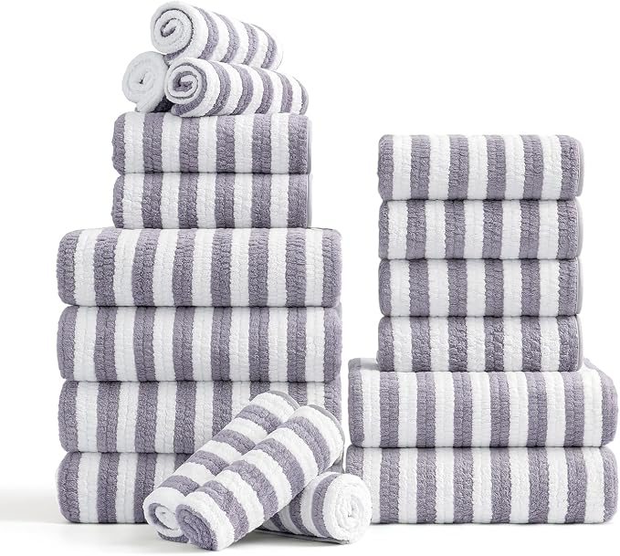 18-Piece Microfiber Bath Towels Set - 6 Bath Sheet, 6 Hand Towels, 6 Washcloths, Soft, Highly Absorbent Bathroom Towel, Quick Dry & Less Lint Shower towel for Bathroom, Hotel, Spa, Dorm-Light Purple by FerdilanUS