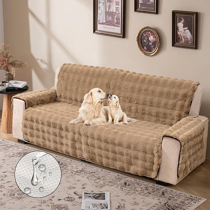 Plush and Fuzzy Shaggy Couch Cover, Dog Pad Faux Fur Sofa Cover, Water Resistant Slipcover, Non-Slip Furniture Protector for Kids,Dogs,Cats.(Light Brown-Bubble, Medium-XL Loveseat) - Image 2
